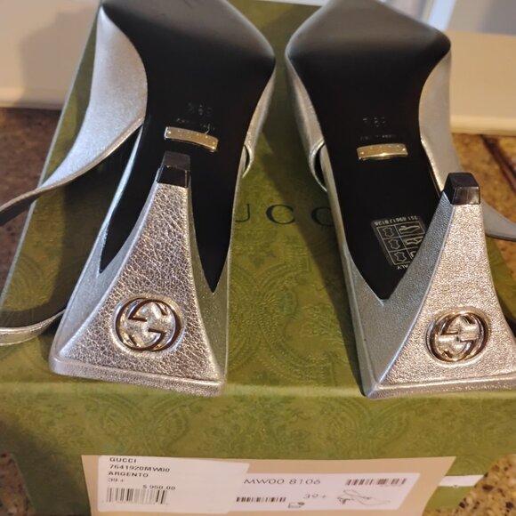 GUCCI Mallory Metallic Silver Slingback Pumps - Picture 6 of 9